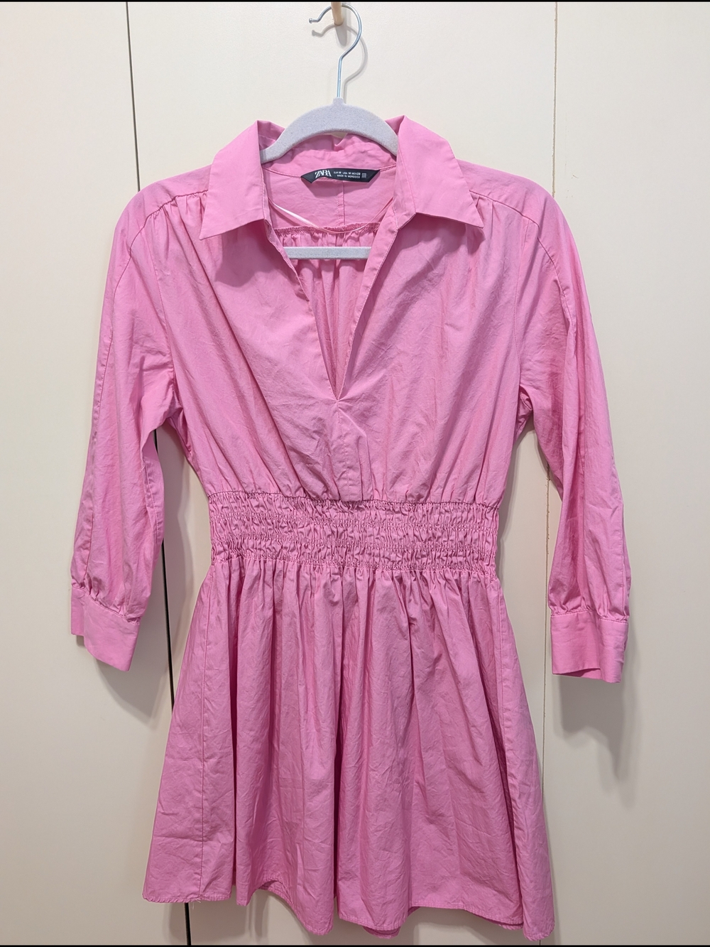 Zara Mini Pink Collared Smocked-Waist Dress Medium
